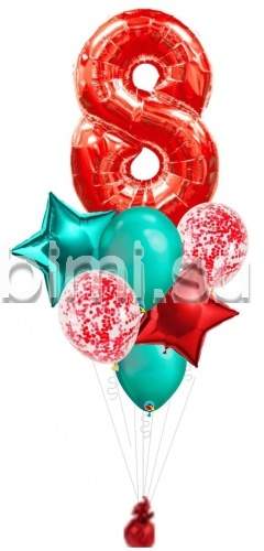 Фонтан из воздушных шаров с Красной цифрой и бирюзовым