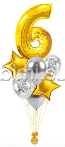 Фонтан из воздушных шаров с Золотой цифрой и серебром
