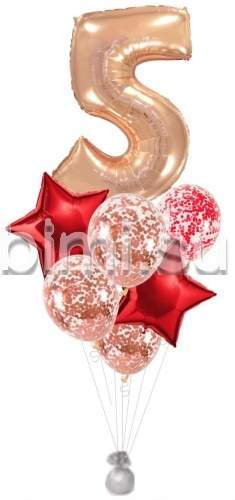 Фонтан из воздушных шаров с цифрой Розовое золото и красный