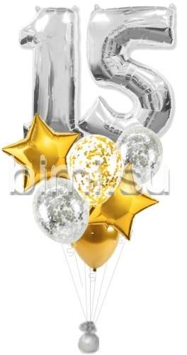 Фонтан из воздушных шаров с Серебряными цифрами и золотом