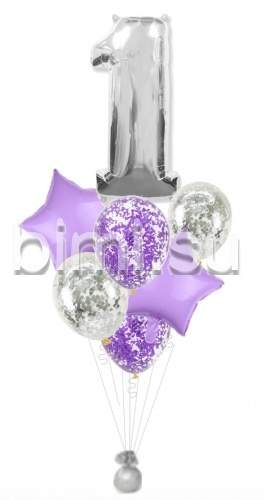 Фонтан из воздушных шаров с Серебряной цифрой и фиолетовым