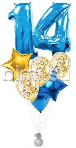 Фонтан из воздушных шаров с Синими цифрами и золотом