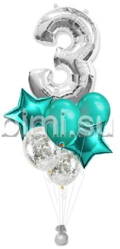 Фонтан из воздушных шаров с Серебряной цифрой и бирюзовым