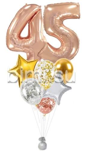 Фонтан из воздушных шаров с цифрами Розовое золото, серебро и золото