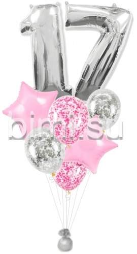 Фонтан из воздушных шаров с Серебряными цифрами и розовым