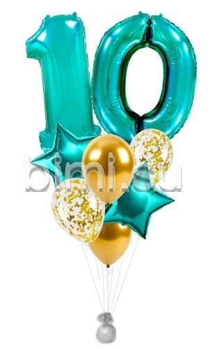 Фонтан из воздушных шаров с Бирюзовыми цифрами и золотом