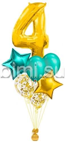 Фонтан из воздушных шаров с Золотой цифрой и бирюзовым