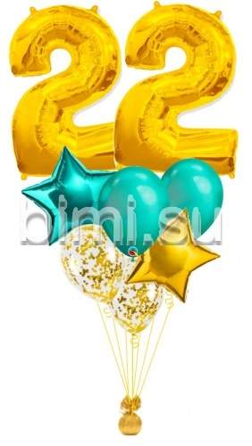 Фонтан из воздушных шаров с Золотыми цифрами и бирюзовым
