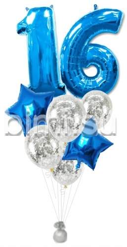 Фонтан из воздушных шаров с Синими цифрами и серебром