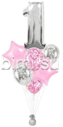 Фонтан из воздушных шаров с Серебряной цифрой и розовым