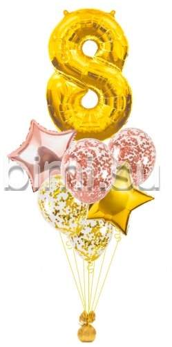 Фонтан из воздушных шаров с Золотой цифрой и розовым золотом