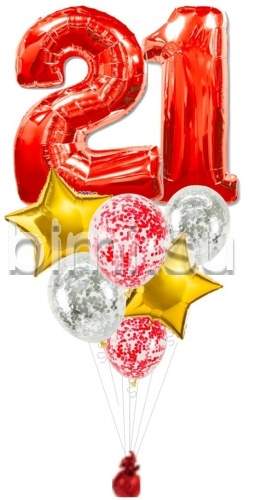 Фонтан из воздушных шаров с Красными цифрами, золотом и серебром