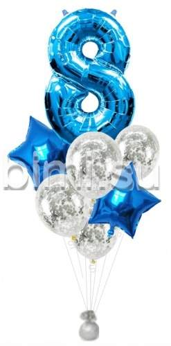 Фонтан из воздушных шаров с Синей цифрой и серебром